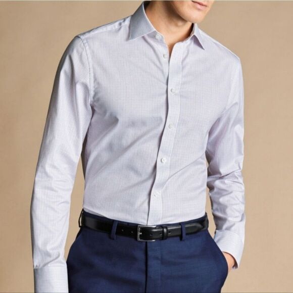 CHARLES TYRWHITT SemiSpread Collar Egyptian Cotton Fine Line Check Shirt Red NWT - Picture 1 of 5